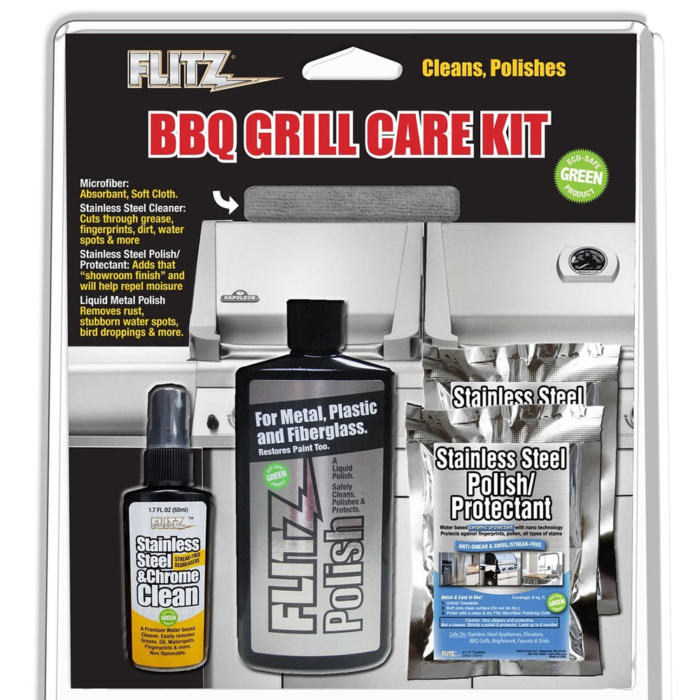 Flitz BBQ Grill Care Kit w/Liquid Metal Polish, Stainless Steel Cleaner, Stainless Steel Polish/Protectant Towelettes &amp; Microfiber Cloth