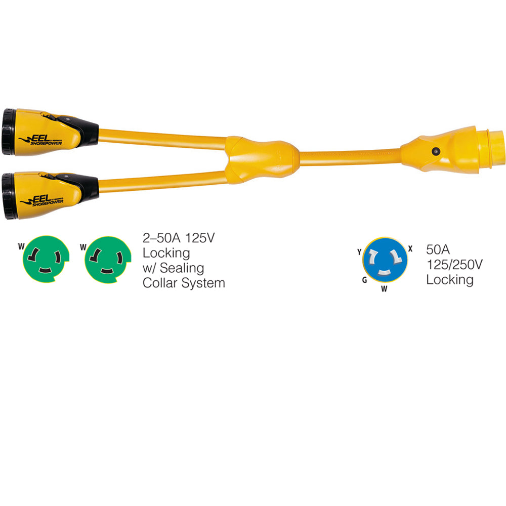 Marinco Y504-2-503 EEL (2)50A-125V Female to (1)50A-125/250V Male "Y" Adapter - Yellow